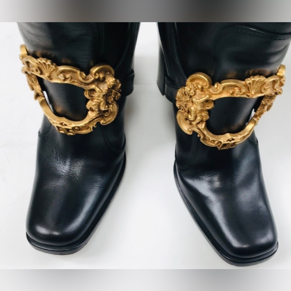 DOLCE & GABBANA VTG Black Leather Baroque Gold Pirate Riding Boots 36 6 Like New - Picture 7 of 16